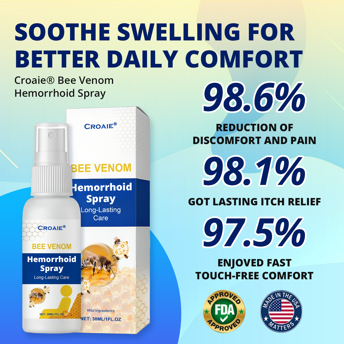 Croaie® Bee Venom Hemorrhoid Spray for Skin, Topical Anesthetic Postpartum Hemorrhoid Treatment with Phenylephrine for Local and Anorectal Uses